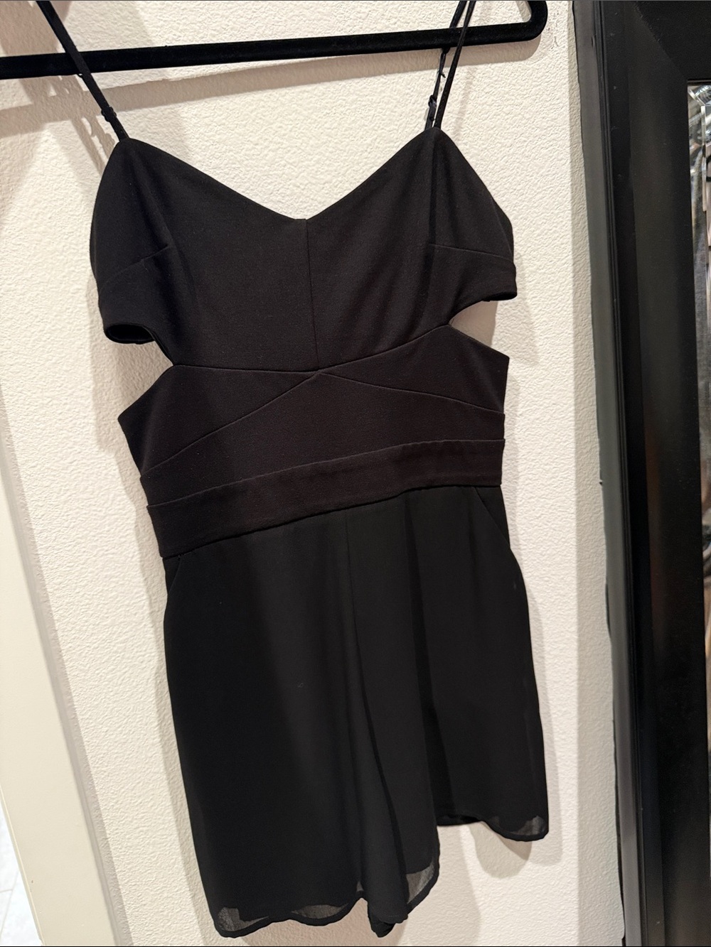 Black Spaghetti-Strap Mini romper with Cutout Waist Detail